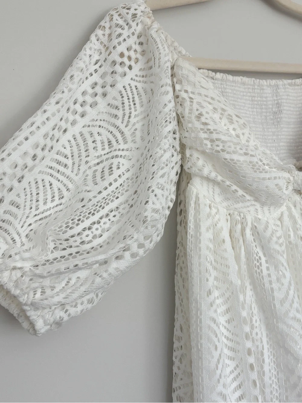 Free People White Emmy Lou Mini Dress Crochet Lace Puff Sleeve XS